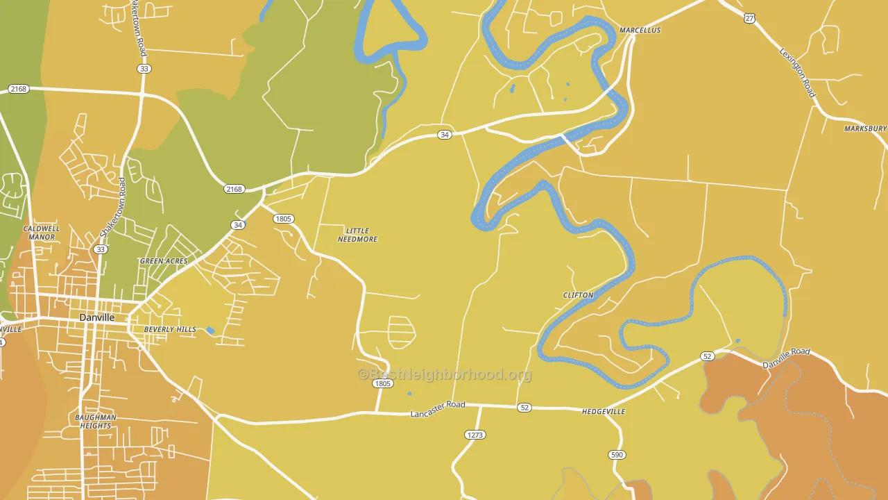Map of the best neighborhoods in the Little Needmore area, with better matches in green and worse matches in red
