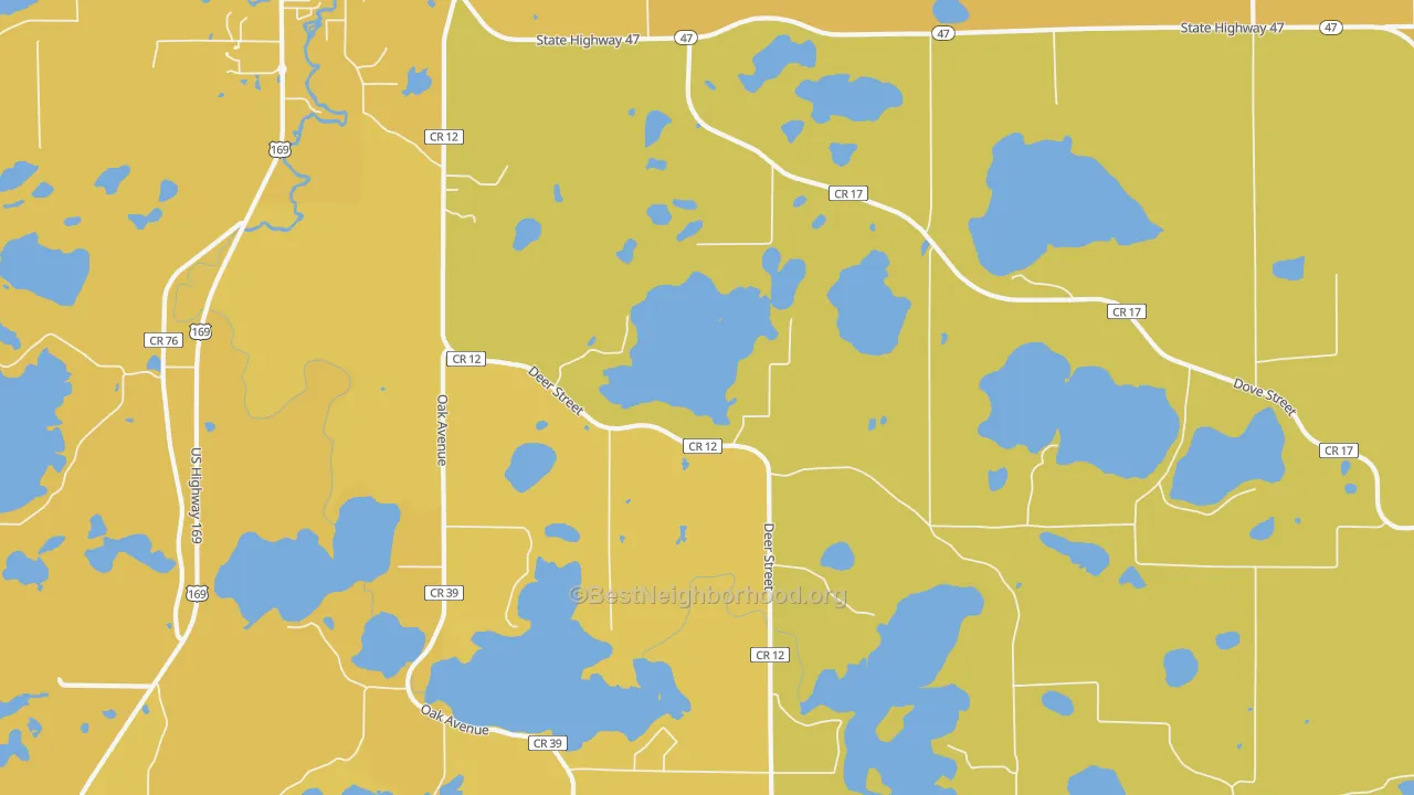 Map of the best neighborhoods in the Little Pine area, with better matches in green and worse matches in red