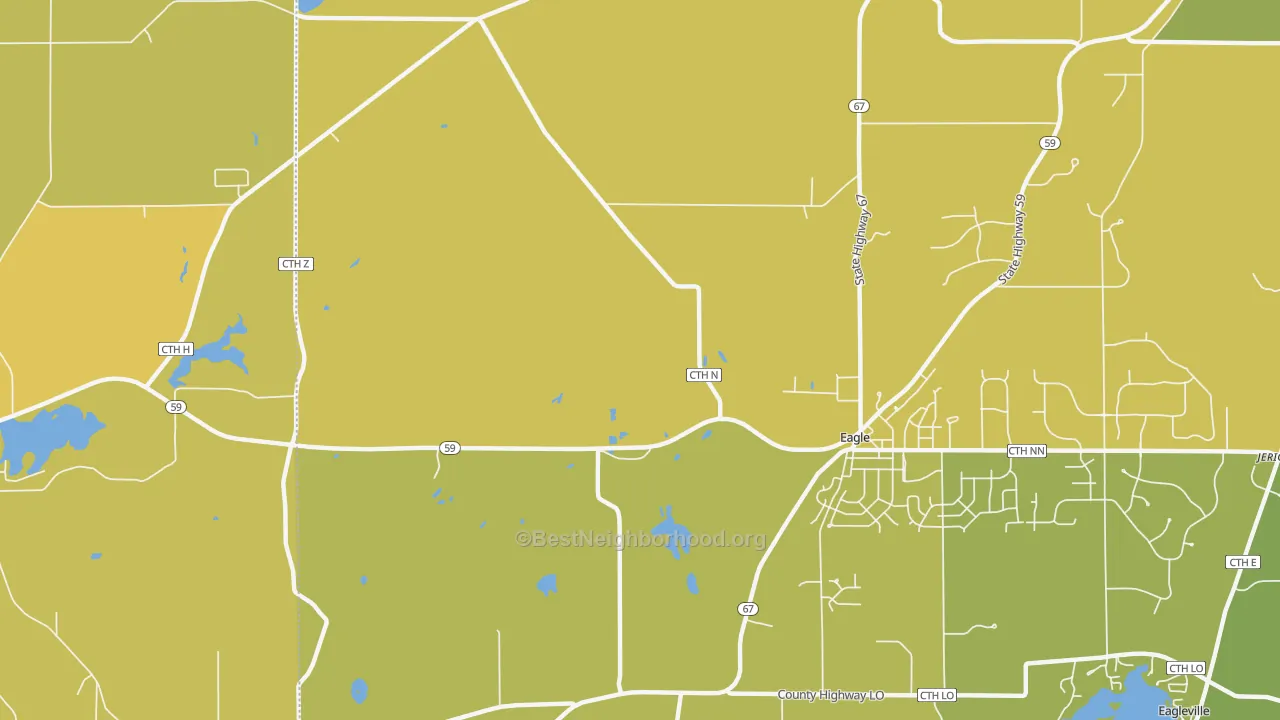 Map of the best neighborhoods in the Little Prairie area, with better matches in green and worse matches in red