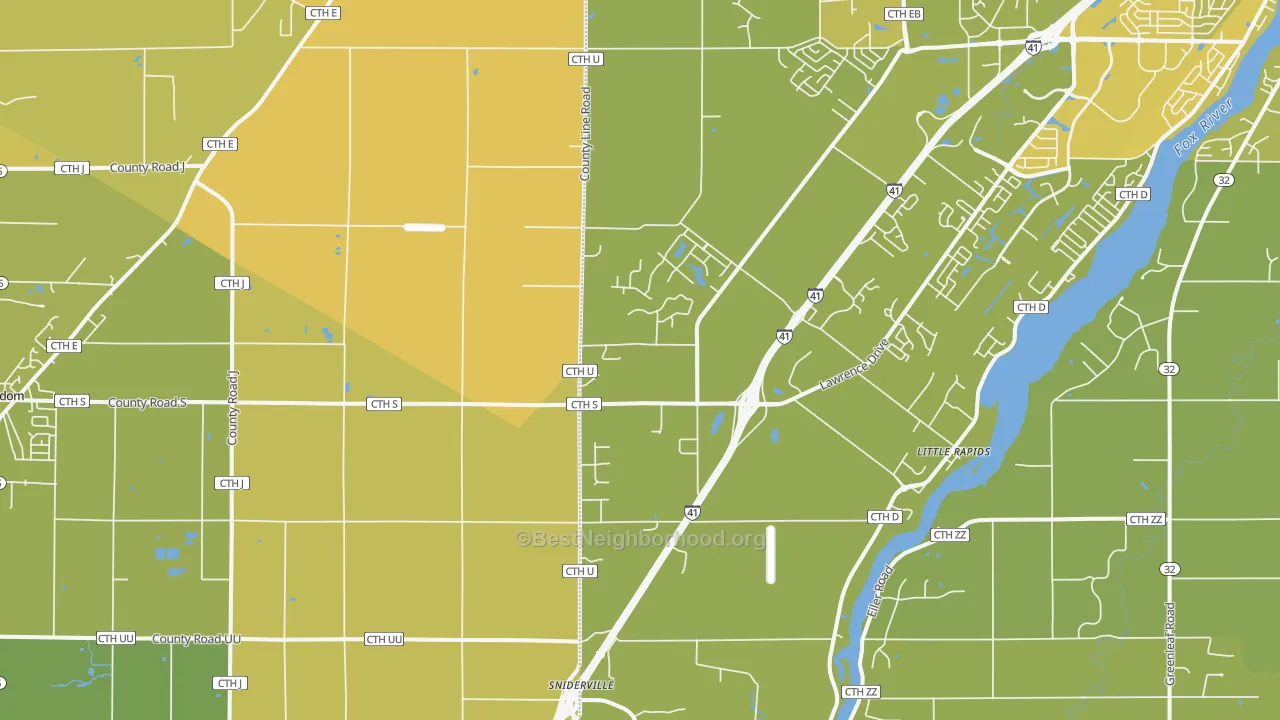 Map of the best neighborhoods in the Little Rapids area, with better matches in green and worse matches in red