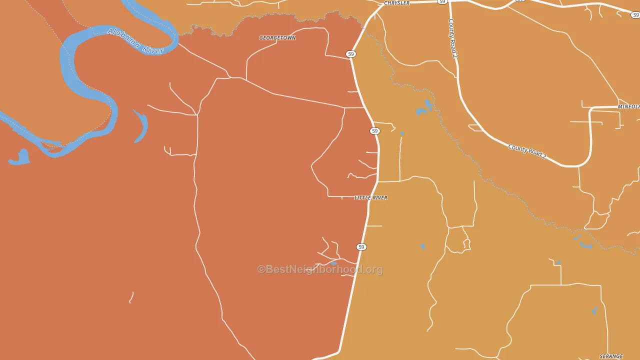 Map of the best neighborhoods in the Little River area, with better matches in green and worse matches in red