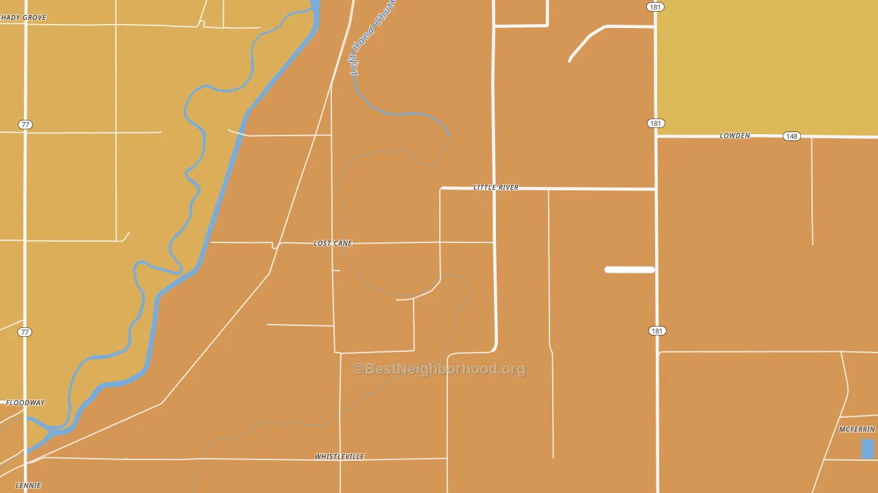Map of the best neighborhoods in the Little River area, with better matches in green and worse matches in red