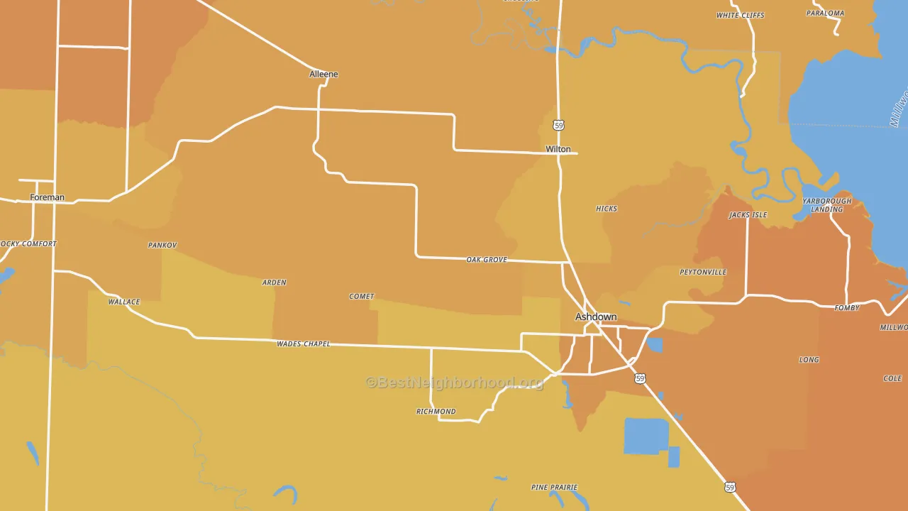 Map of the best neighborhoods in the Little River County area, with better matches in green and worse matches in red
