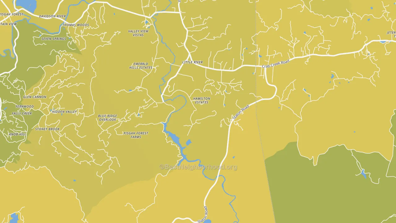Map of the best neighborhoods in the Little River area, with better matches in green and worse matches in red