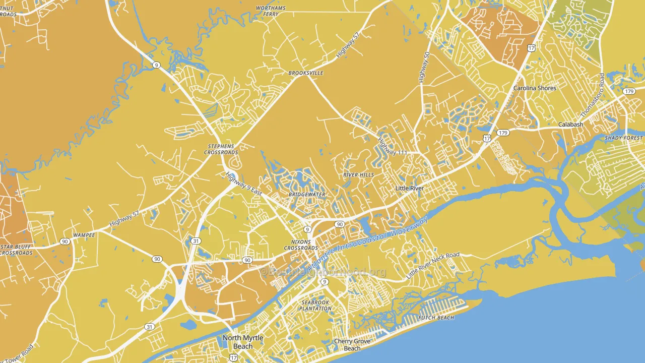 Map of the best neighborhoods in the Little River area, with better matches in green and worse matches in red
