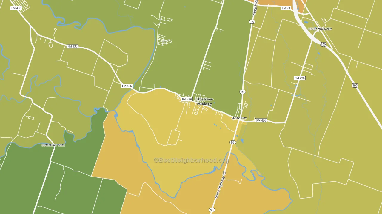 Map of the best neighborhoods in the Little River area, with better matches in green and worse matches in red