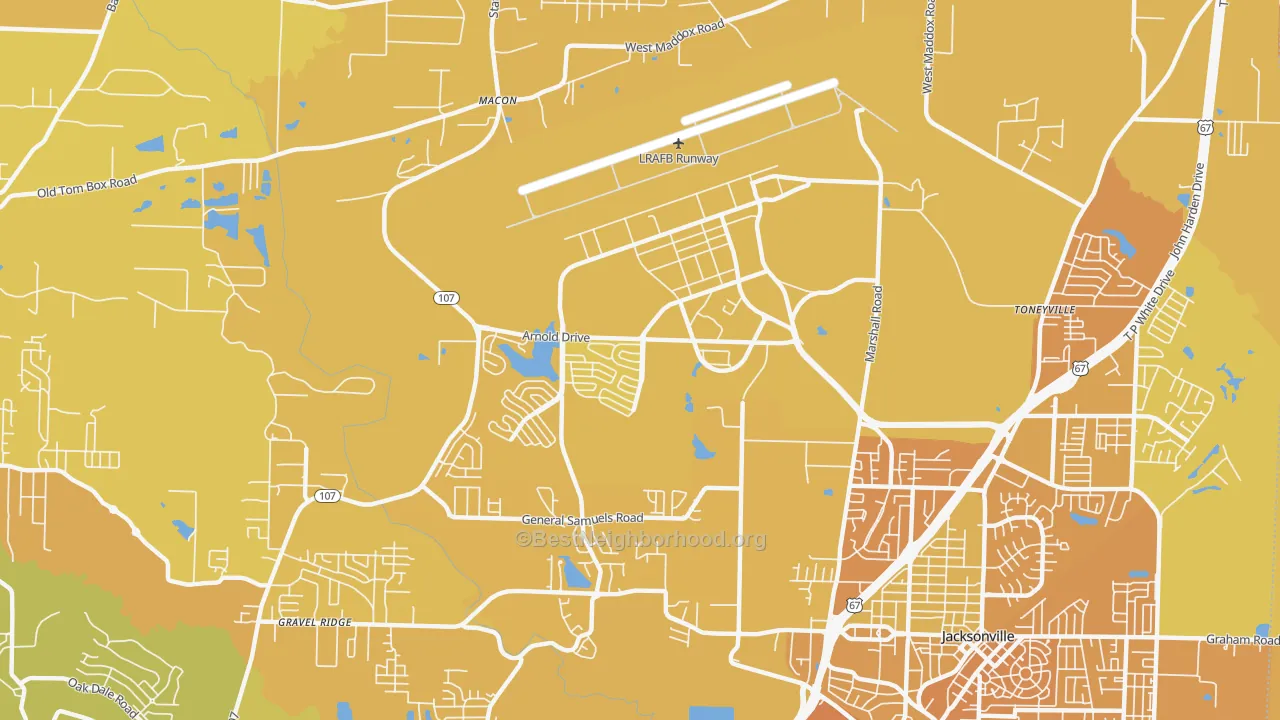Map of the best neighborhoods in the Little Rock Air Force Base area, with better matches in green and worse matches in red