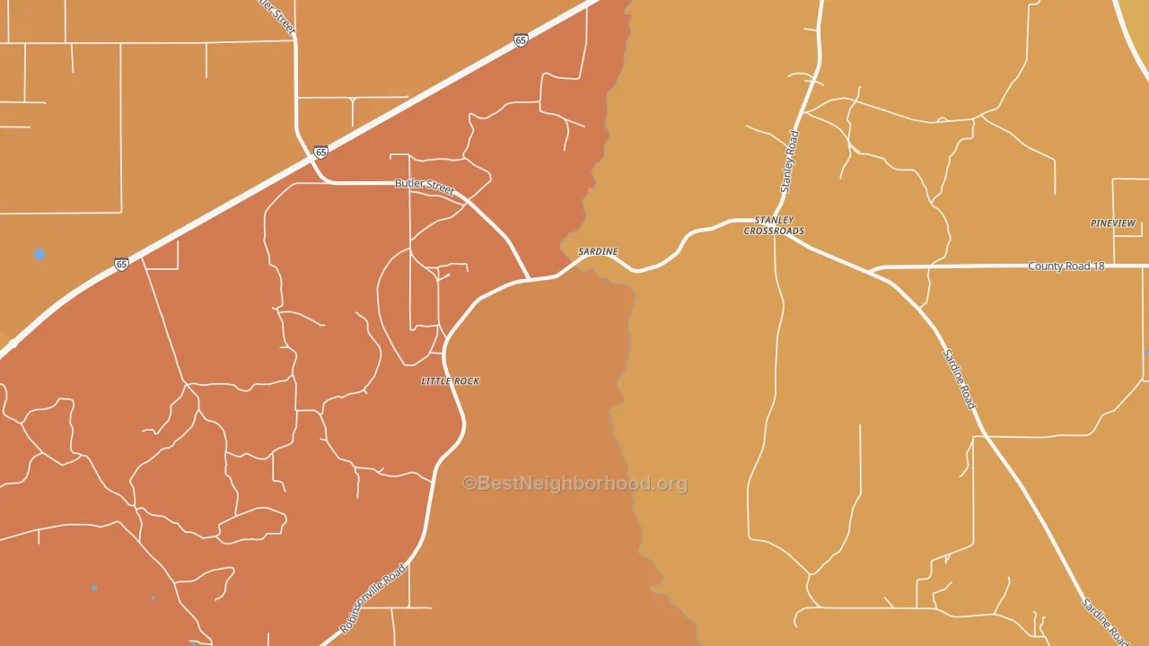 Map of the best neighborhoods in the Little Rock area, with better matches in green and worse matches in red