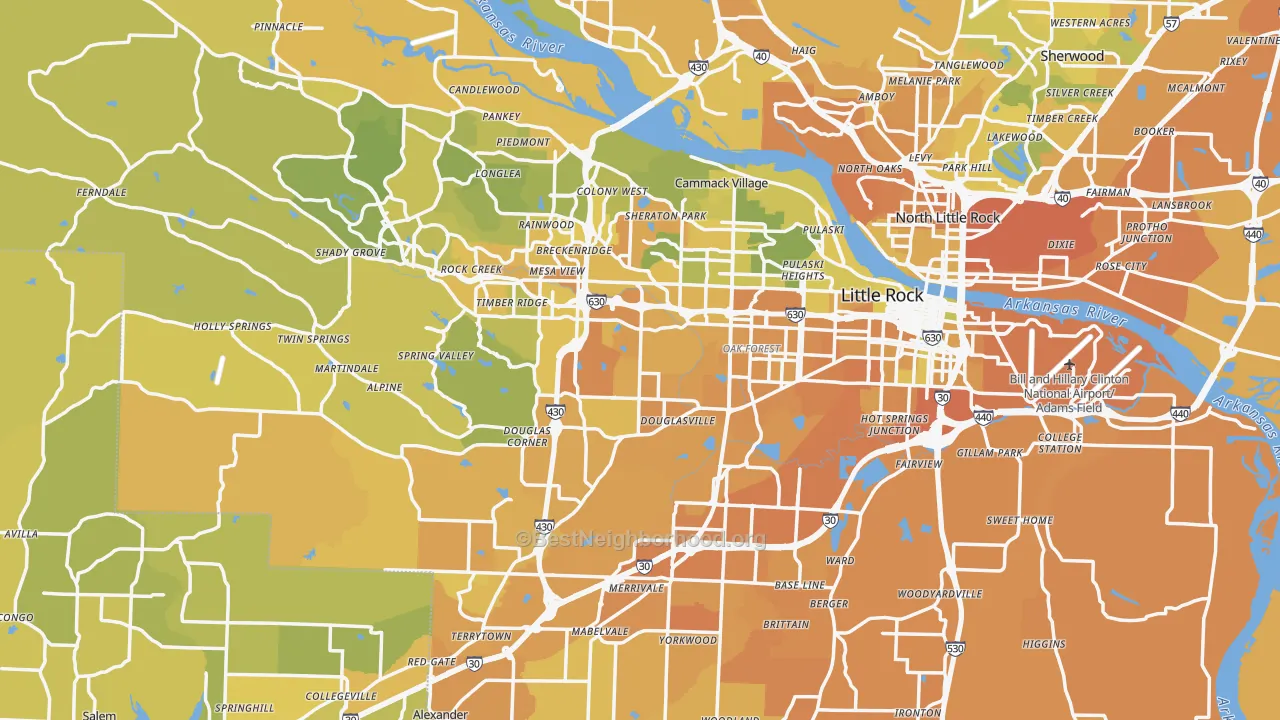 Map of the best neighborhoods in the Little Rock Metro area, with better matches in green and worse matches in red