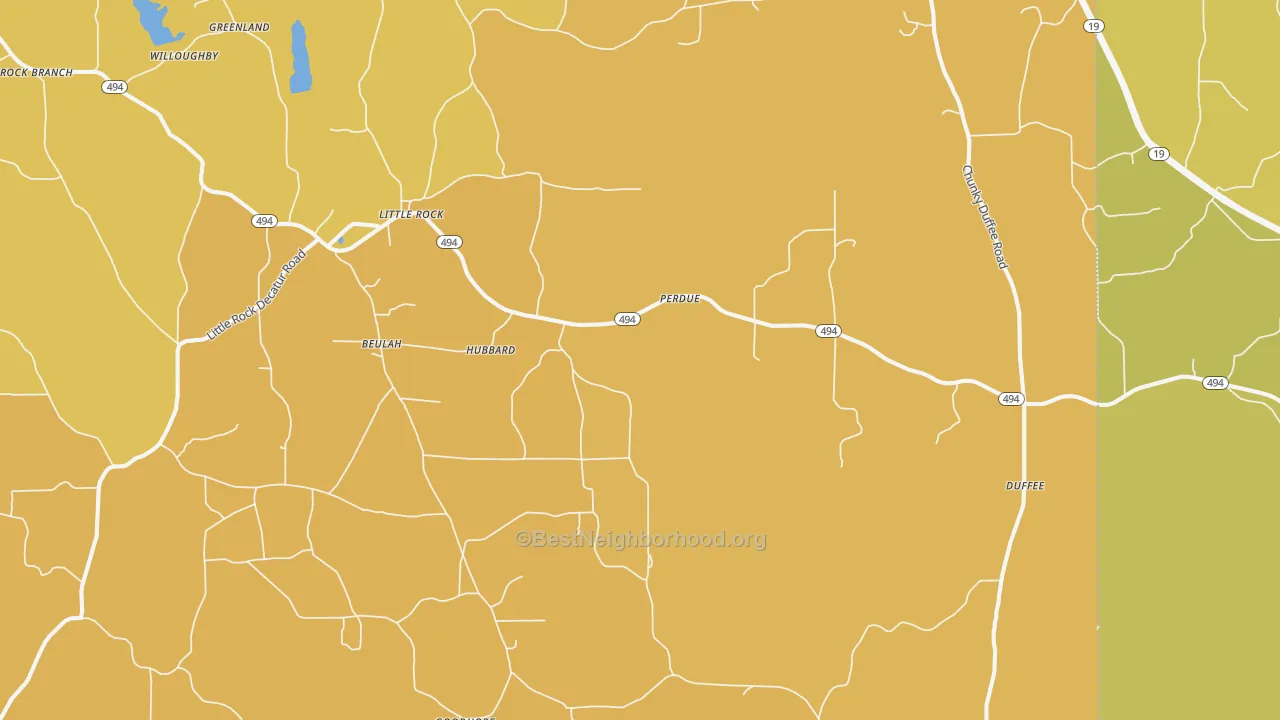 Map of the best neighborhoods in the Little Rock area, with better matches in green and worse matches in red