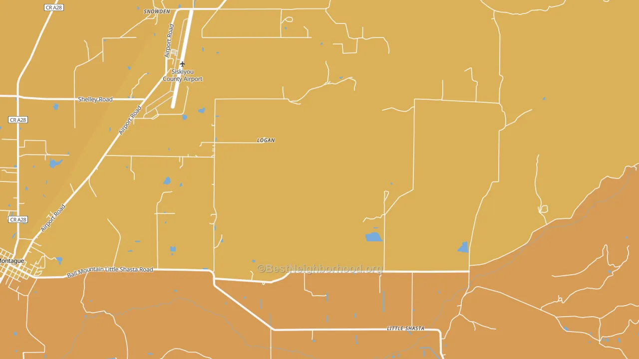 Map of the best neighborhoods in the Little Shasta area, with better matches in green and worse matches in red