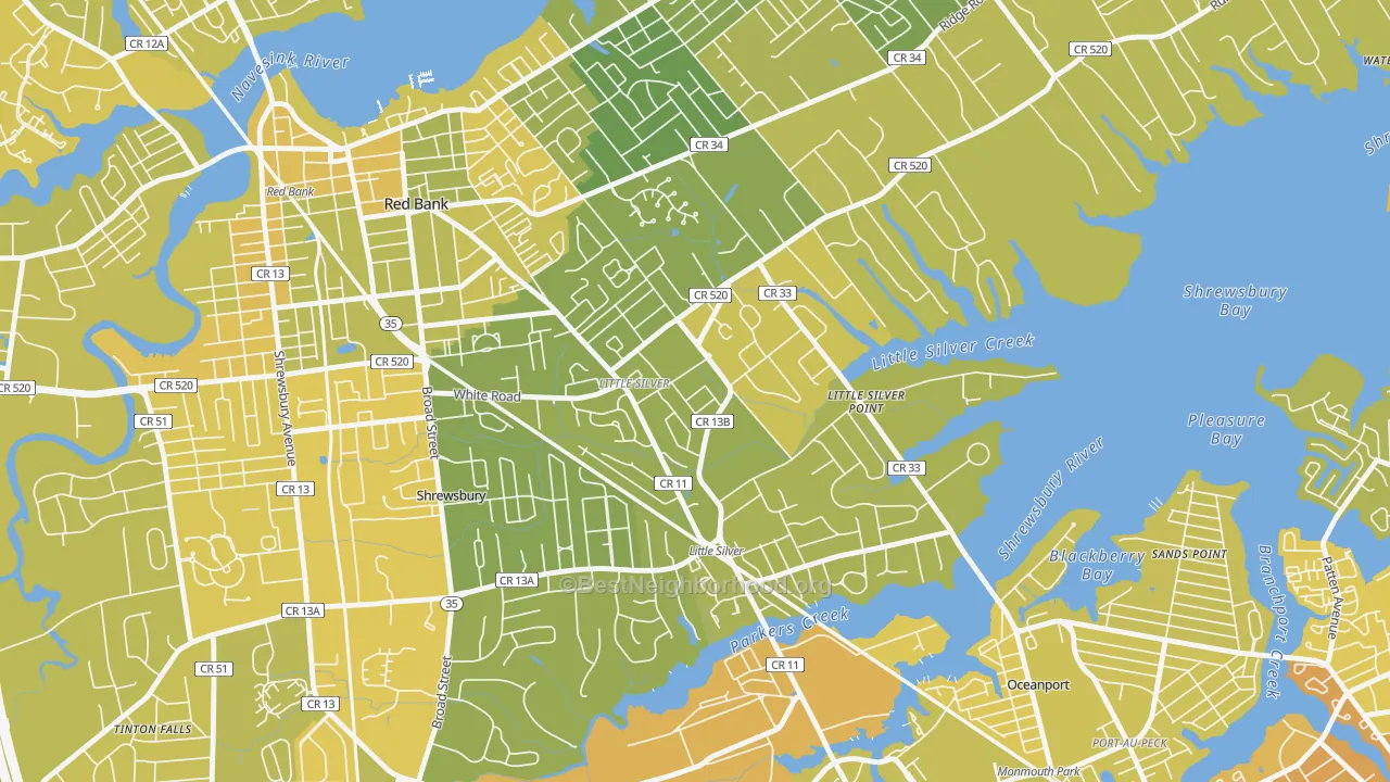 Map of the best neighborhoods in the Little Silver area, with better matches in green and worse matches in red