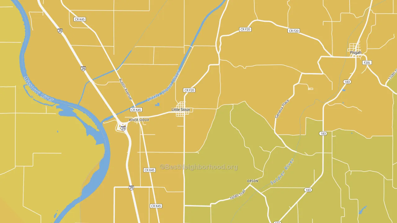 Map of the best neighborhoods in the Little Sioux area, with better matches in green and worse matches in red
