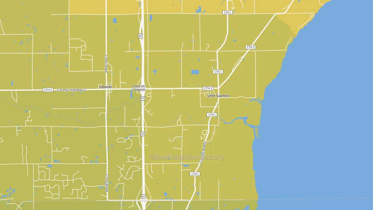 Map of the best neighborhoods in the Little Suamico area, with better matches in green and worse matches in red