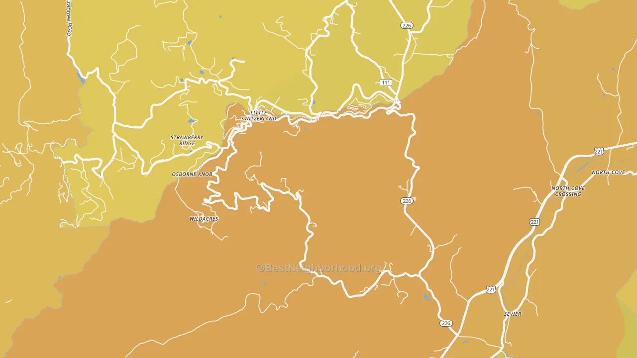 Map of the best neighborhoods in the Little Switzerland area, with better matches in green and worse matches in red