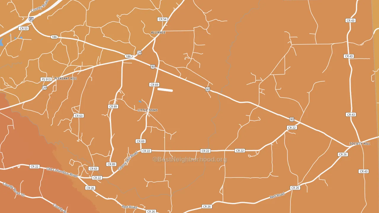 Map of the best neighborhoods in the Little Texas area, with better matches in green and worse matches in red