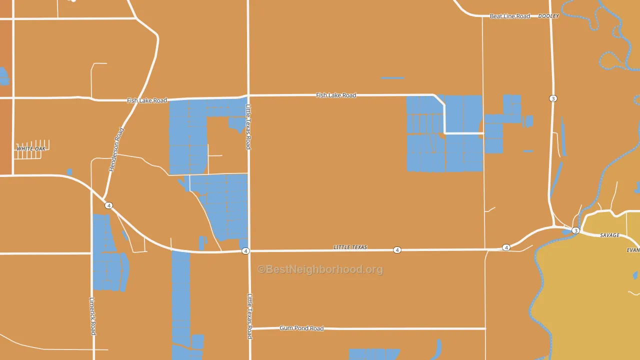 Map of the best neighborhoods in the Little Texas area, with better matches in green and worse matches in red