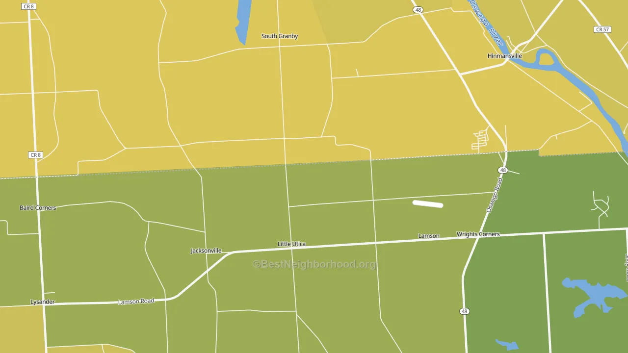 Map of the best neighborhoods in the Little Utica area, with better matches in green and worse matches in red