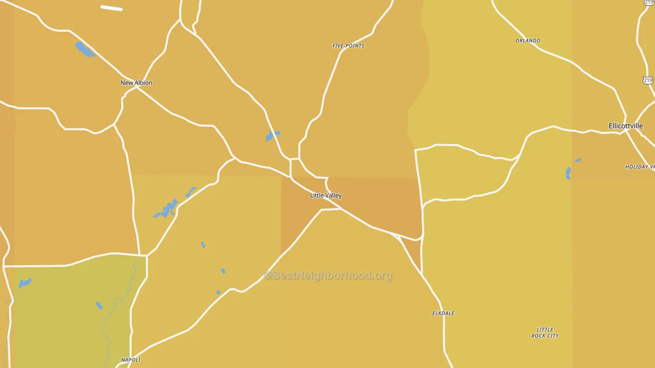 Map of the best neighborhoods in the Little Valley area, with better matches in green and worse matches in red