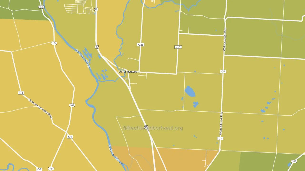 Map of the best neighborhoods in the Little Walnut area, with better matches in green and worse matches in red