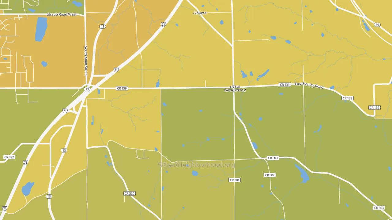 Map of the best neighborhoods in the Little Washington area, with better matches in green and worse matches in red