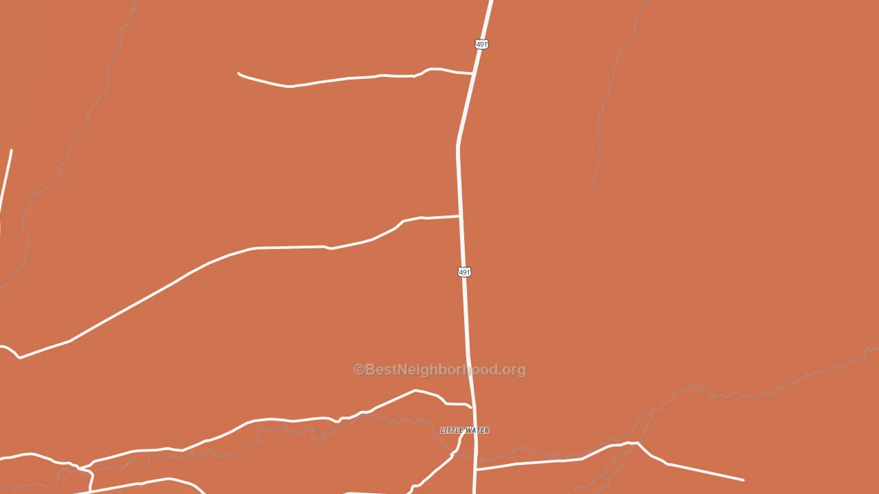 Map of the best neighborhoods in the Little Water area, with better matches in green and worse matches in red