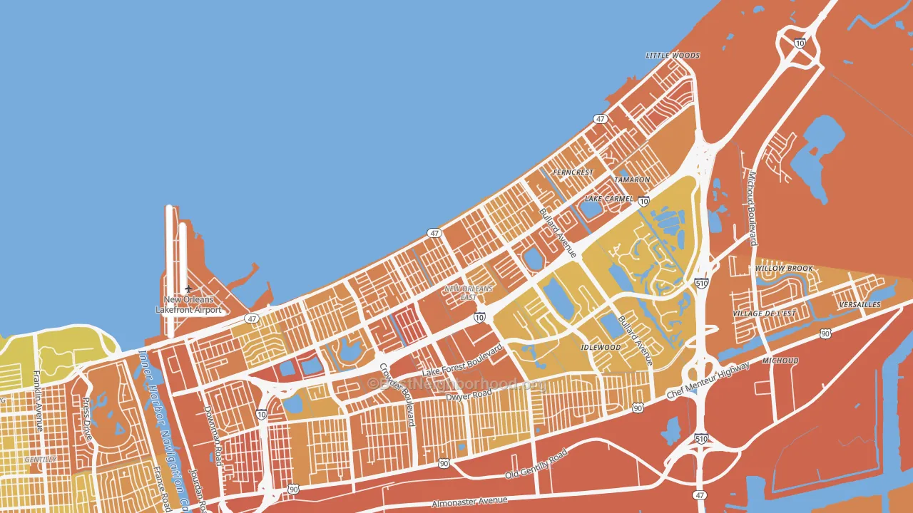 Map of the best neighborhoods in the Little Woods, New Orleans area, with better matches in green and worse matches in red