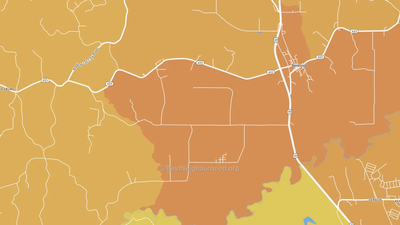 Map of the best neighborhoods in the Little Yazoo area, with better matches in green and worse matches in red