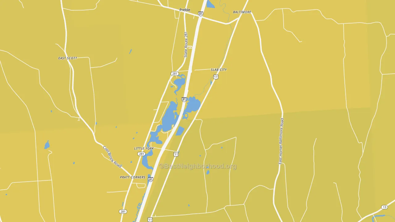 Map of the best neighborhoods in the Little York area, with better matches in green and worse matches in red