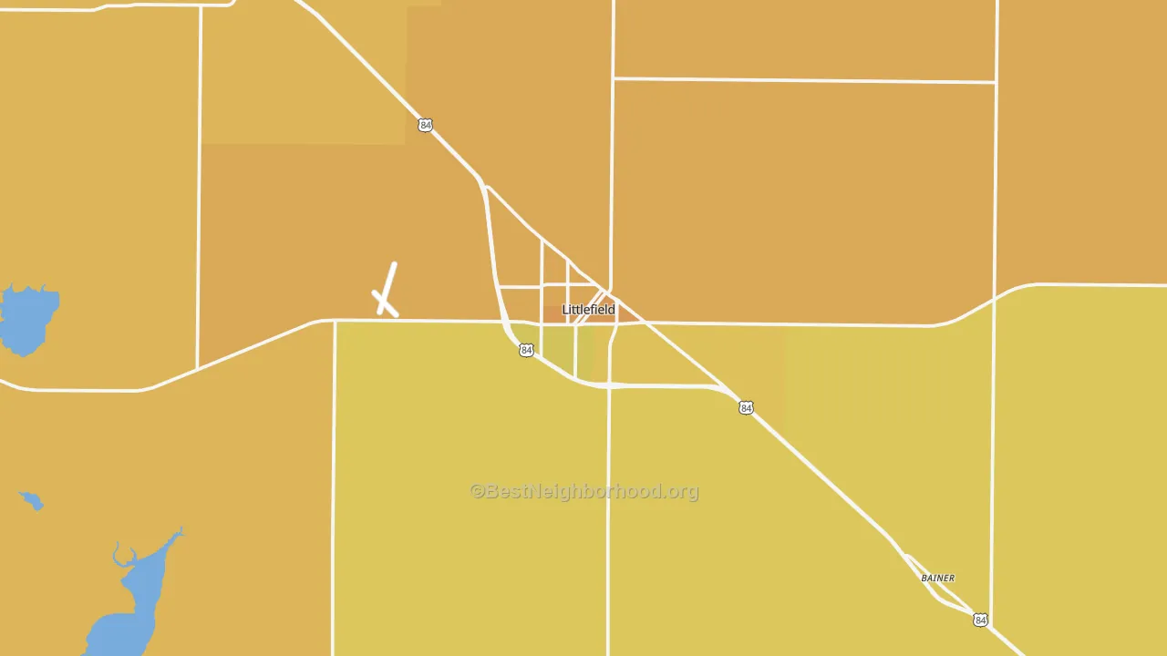 Map of the best neighborhoods in the Littlefield area, with better matches in green and worse matches in red