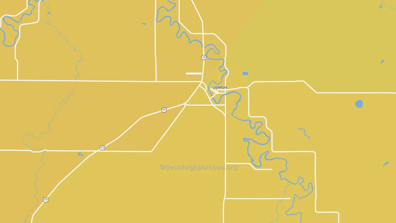 Map of the best neighborhoods in the Littlefork area, with better matches in green and worse matches in red