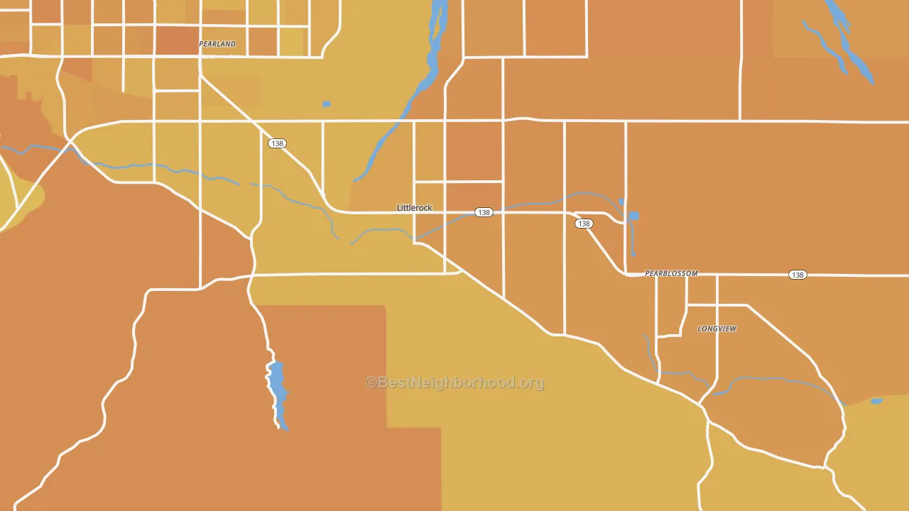 Map of the best neighborhoods in the Littlerock area, with better matches in green and worse matches in red