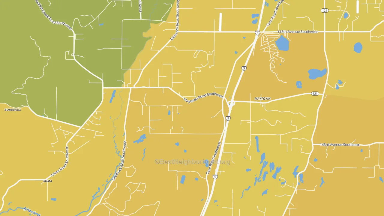 Map of the best neighborhoods in the Littlerock area, with better matches in green and worse matches in red
