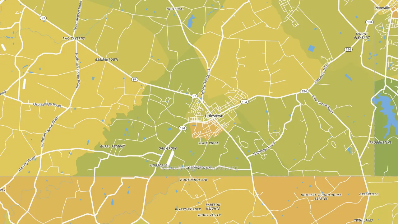 Map of the best neighborhoods in the Littlestown area, with better matches in green and worse matches in red