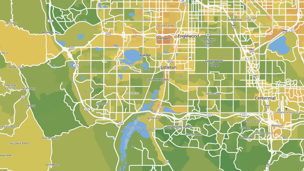 Map of the best neighborhoods in the Littleton area, with better matches in green and worse matches in red