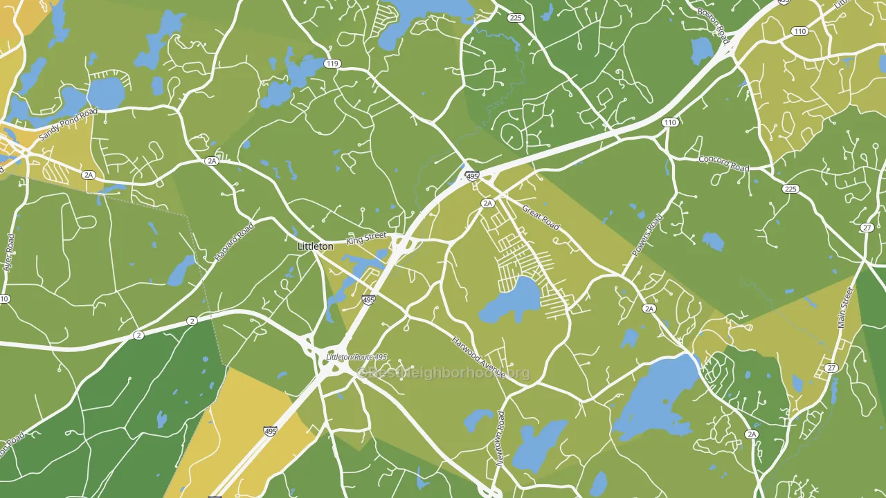 Map of the best neighborhoods in the Littleton area, with better matches in green and worse matches in red