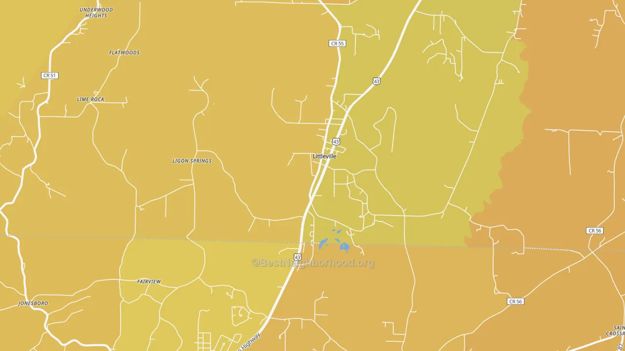 Map of the best neighborhoods in the Littleville area, with better matches in green and worse matches in red