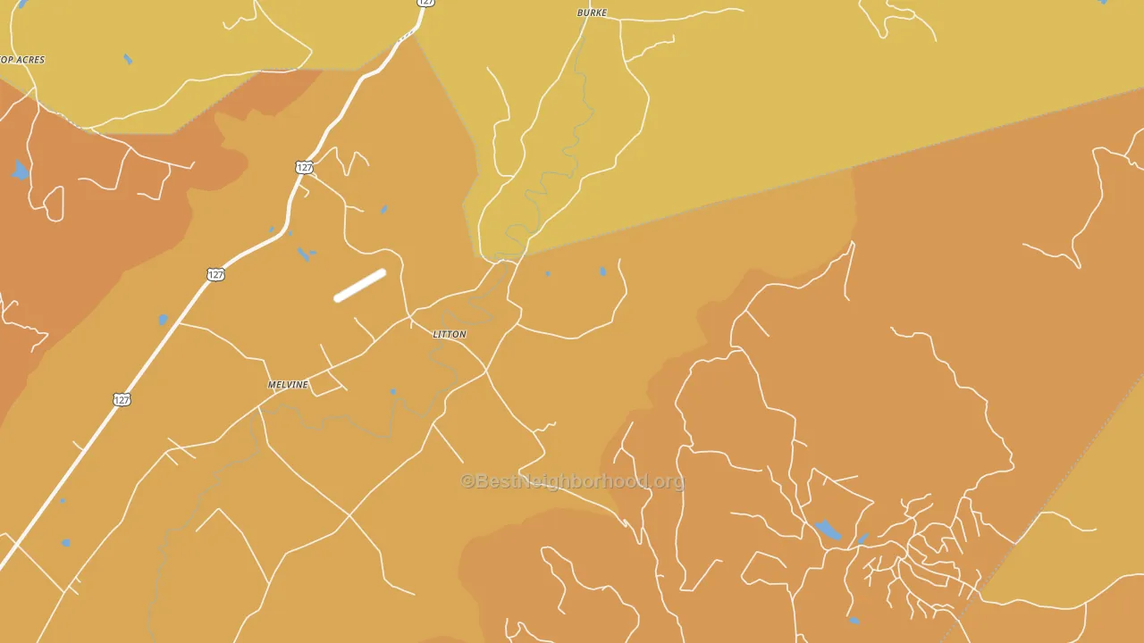 Map of the best neighborhoods in the Litton area, with better matches in green and worse matches in red