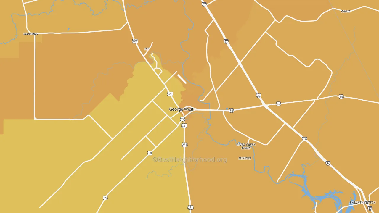 Map of the best neighborhoods in the Live Oak County area, with better matches in green and worse matches in red