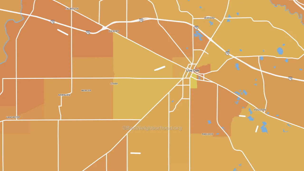 Map of the best neighborhoods in the Live Oak area, with better matches in green and worse matches in red