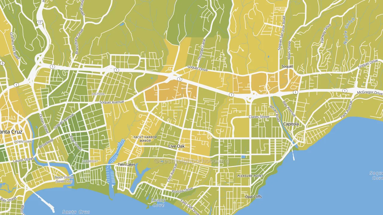 Map of the best neighborhoods in the Live Oak, Santa Cruz area, with better matches in green and worse matches in red