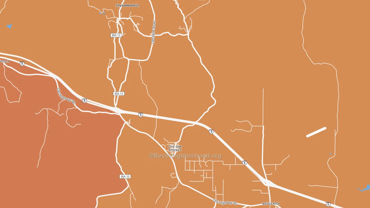 Map of the best neighborhoods in the Live Oak Springs area, with better matches in green and worse matches in red