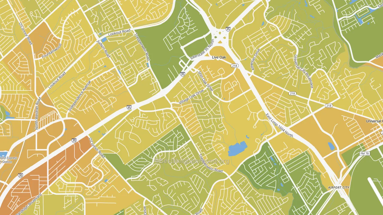 Map of the best neighborhoods in the Live Oak area, with better matches in green and worse matches in red