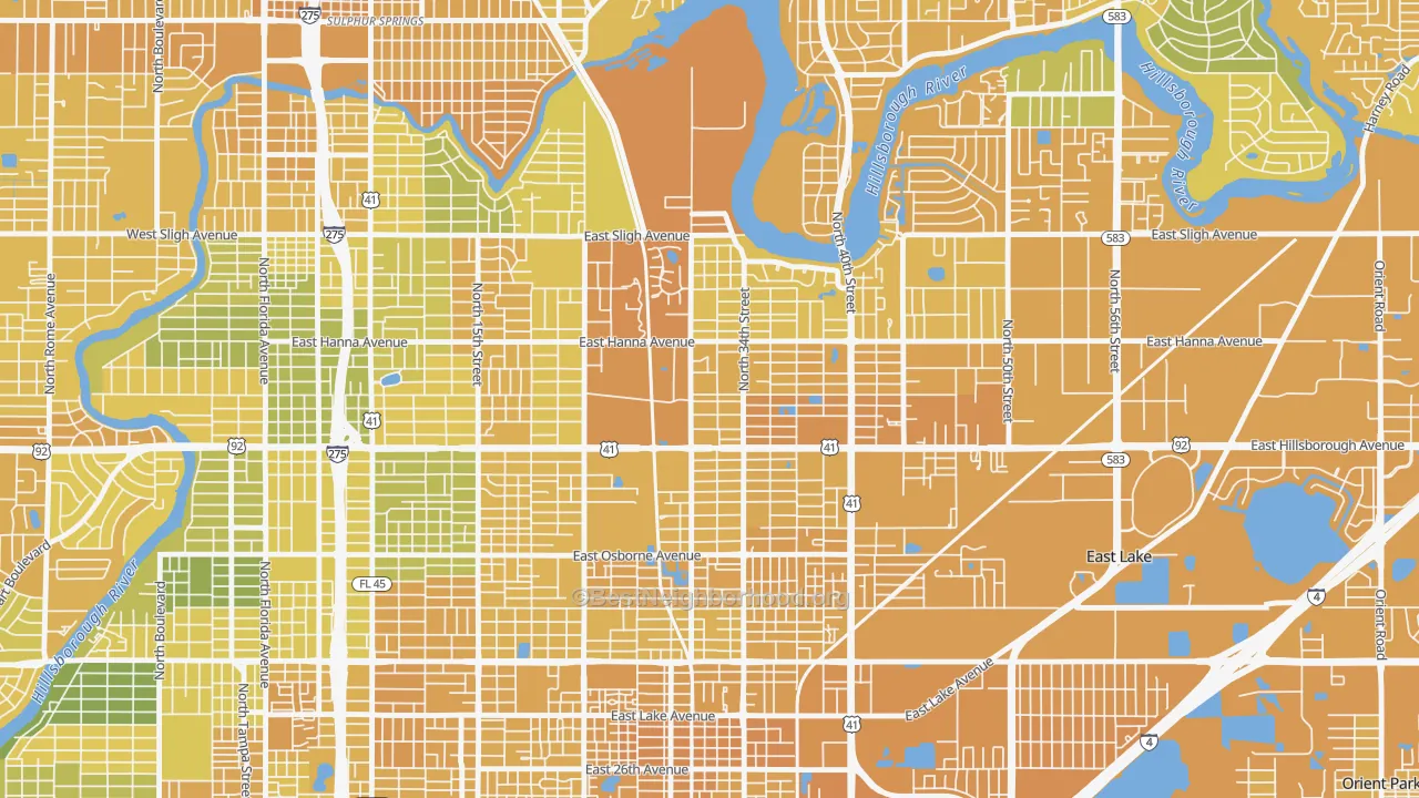 Map of the best neighborhoods in the Live Oaks Square, Tampa area, with better matches in green and worse matches in red