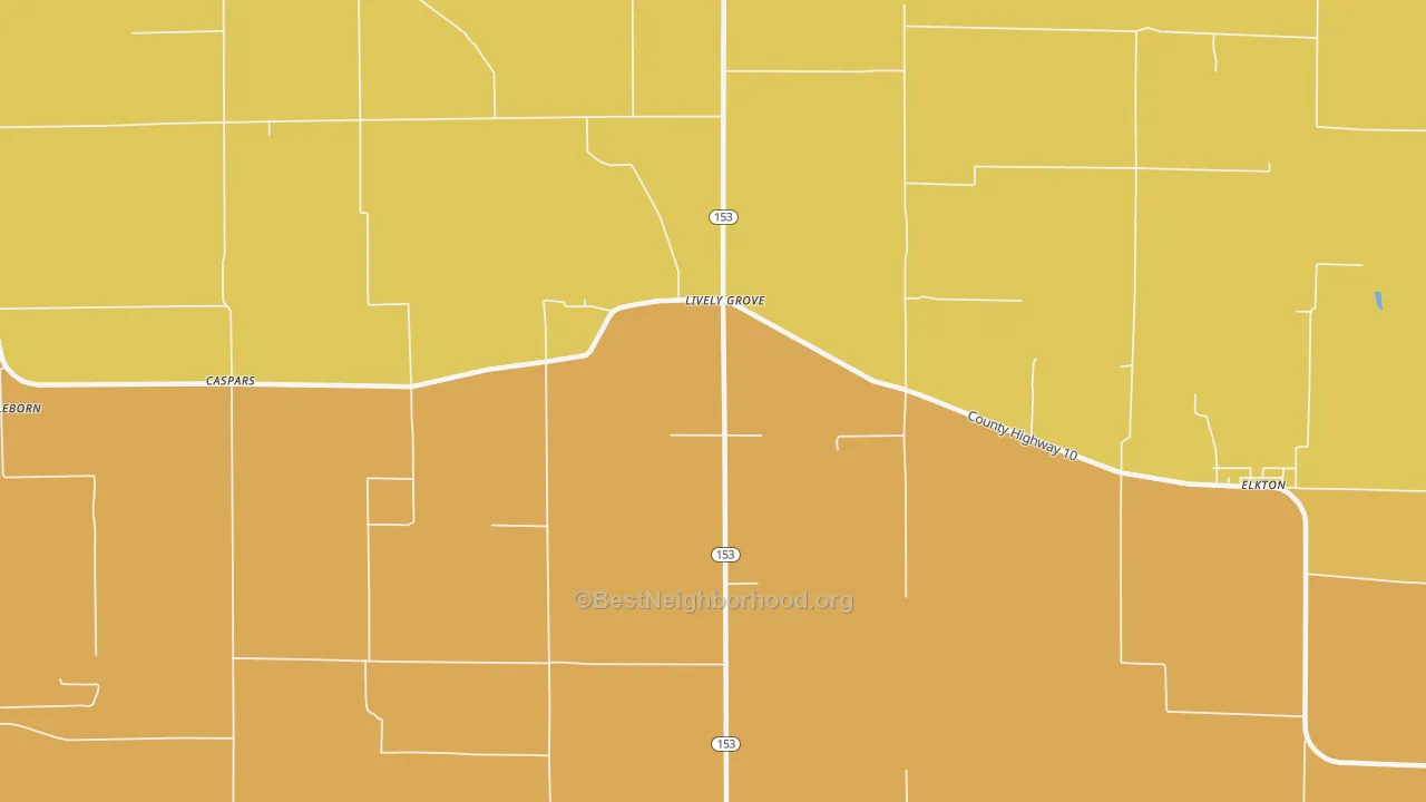Map of the best neighborhoods in the Lively Grove area, with better matches in green and worse matches in red
