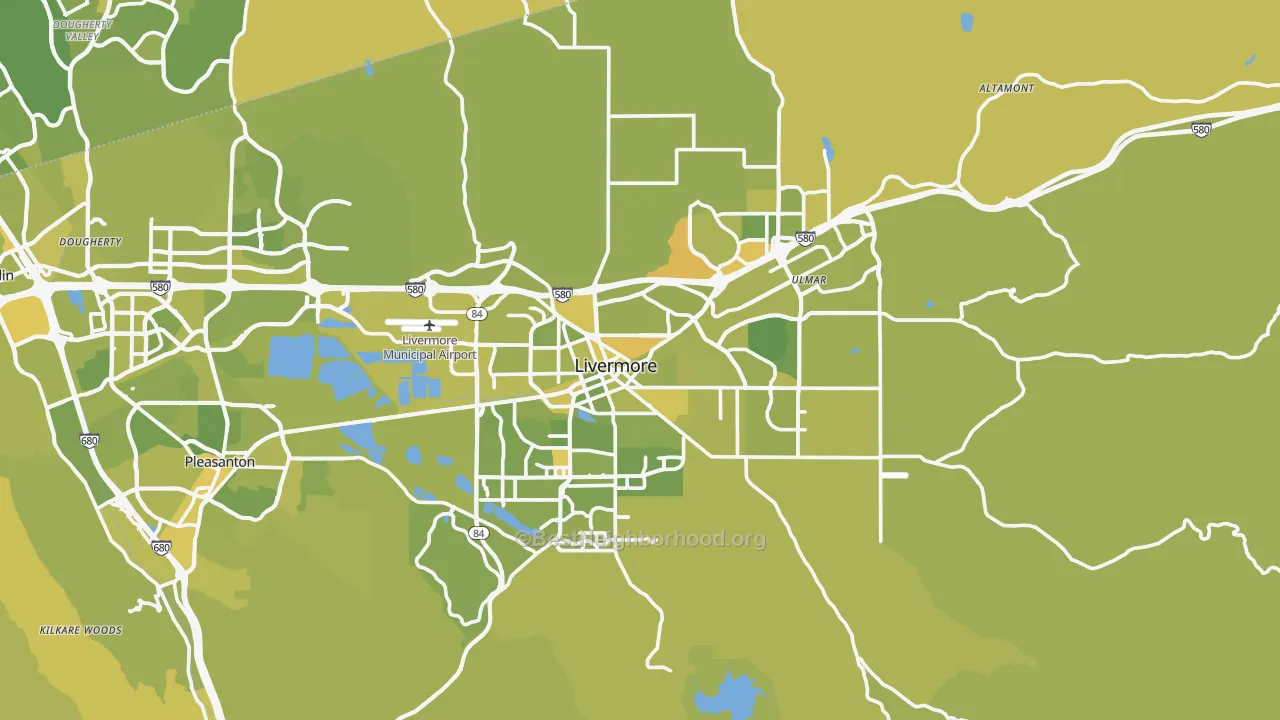 Map of the best neighborhoods in the Livermore area, with better matches in green and worse matches in red
