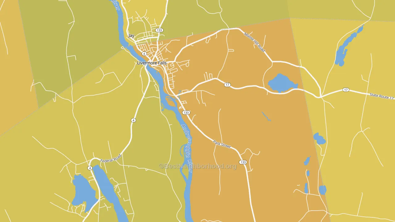 Map of the best neighborhoods in the Livermore Falls area, with better matches in green and worse matches in red