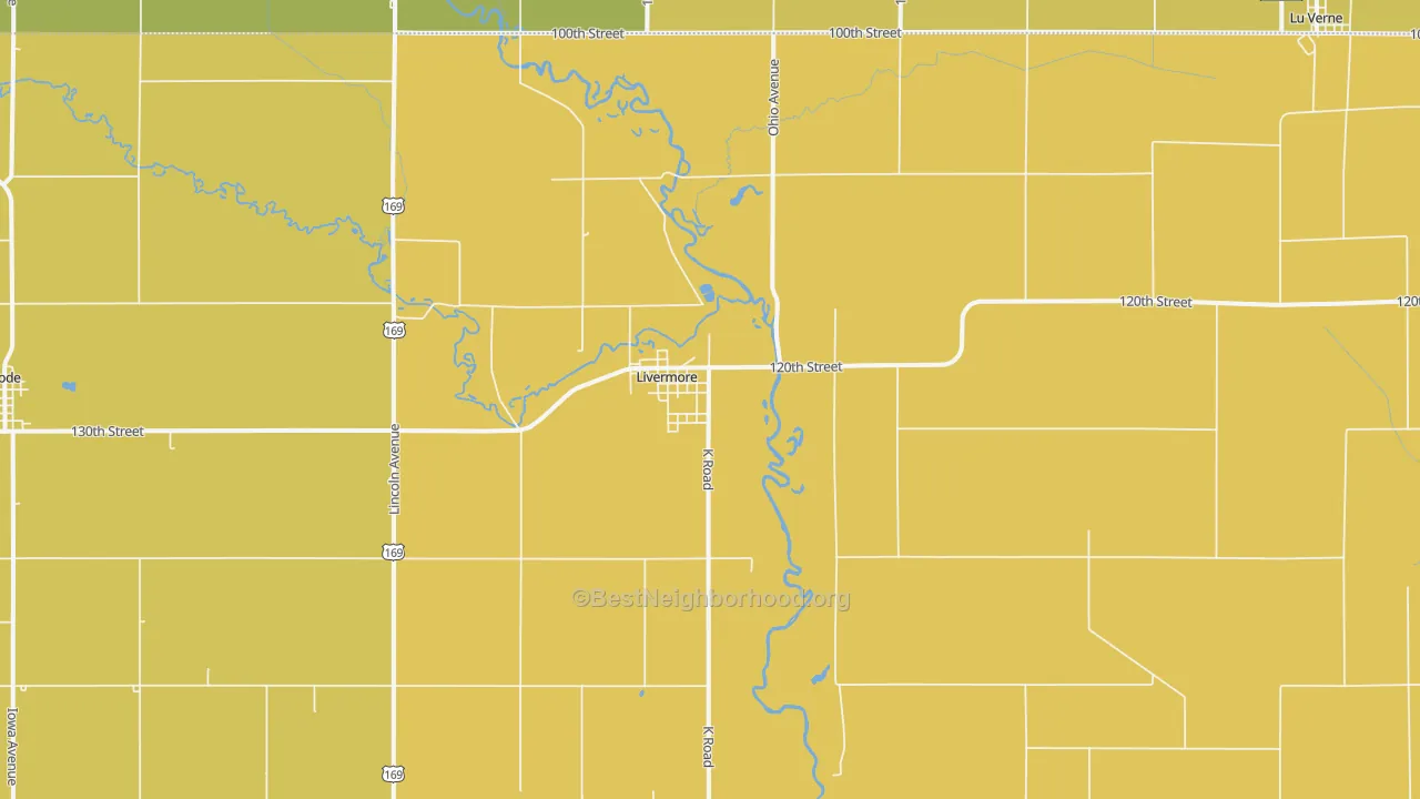 Map of the best neighborhoods in the Livermore area, with better matches in green and worse matches in red