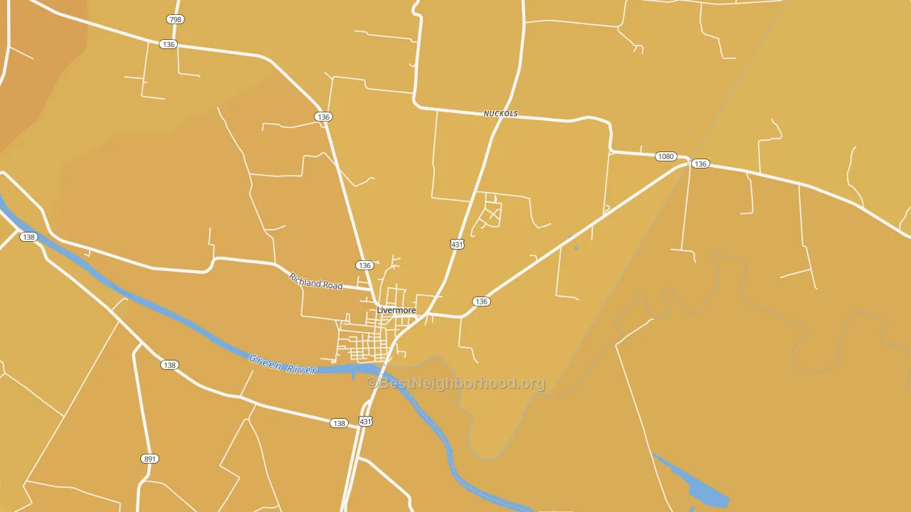 Map of the best neighborhoods in the Livermore area, with better matches in green and worse matches in red