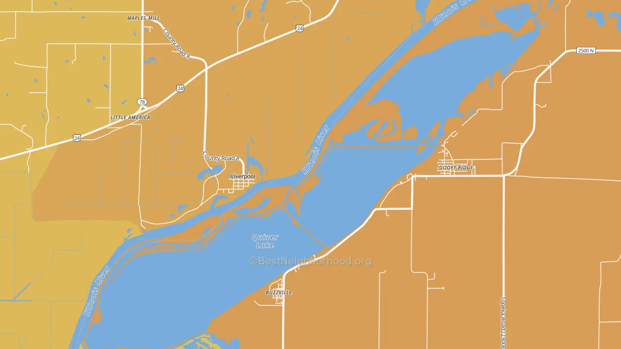 Map of the best neighborhoods in the Liverpool area, with better matches in green and worse matches in red